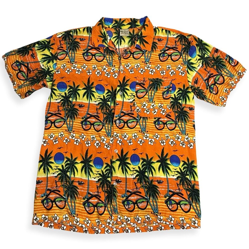 VTG In Gear Hawaiian Shirt Men M Orange Tropical Retro Graphic Beach Palms Rayon